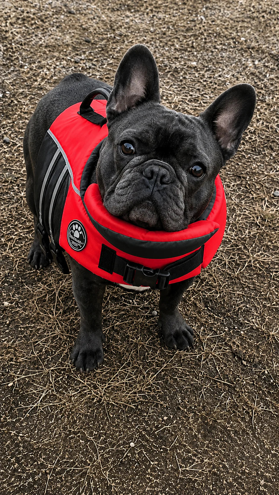 French bulldog wearing a Float Club vest